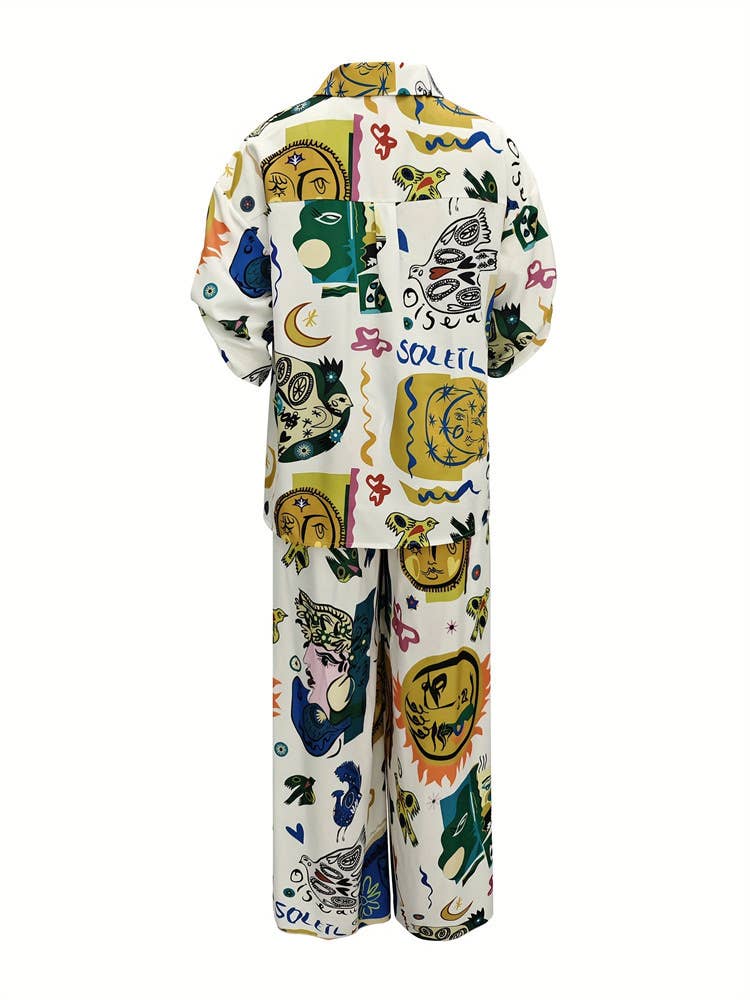 PRINTED SHIRT WIDE-LEG PANTS TWO-PIECE SET
