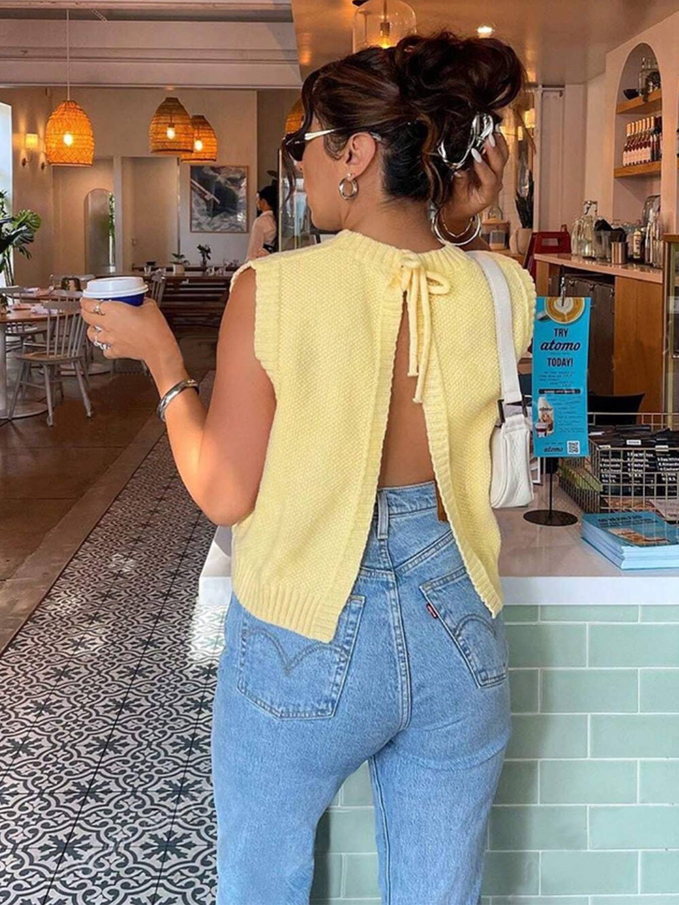 Knitted backless solid-color drawstring vest