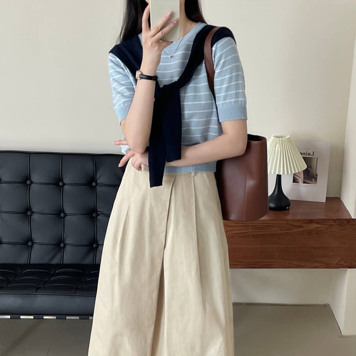 Literary cape striped knitted blouse two-piece set