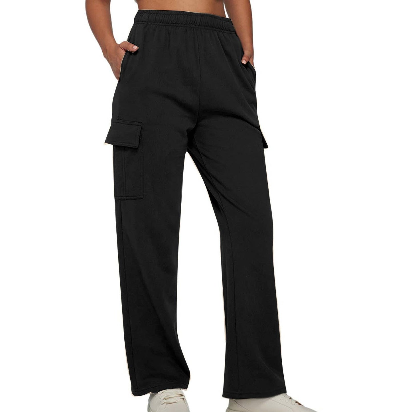 SOLID COLOR HIGH-WAISTED STRAIGHT LEG CARGO PANTS