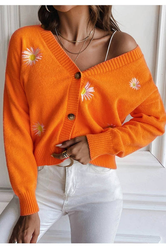 CWOSWL1101_Button Down Sleeve  V-Neck Cardigan Sweater