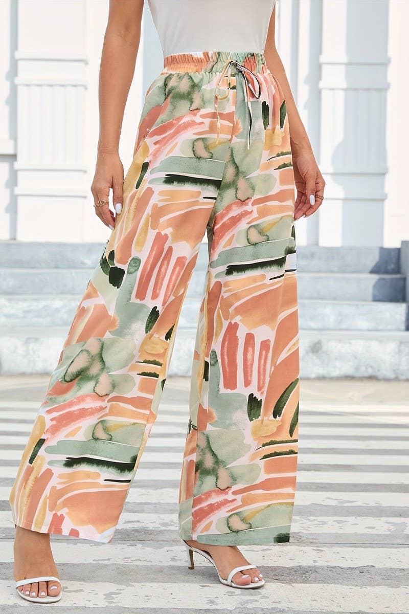 CWBLP1815_SUMMER GRAFFITI PRINT LACE-UP LOOSE TROUSERS