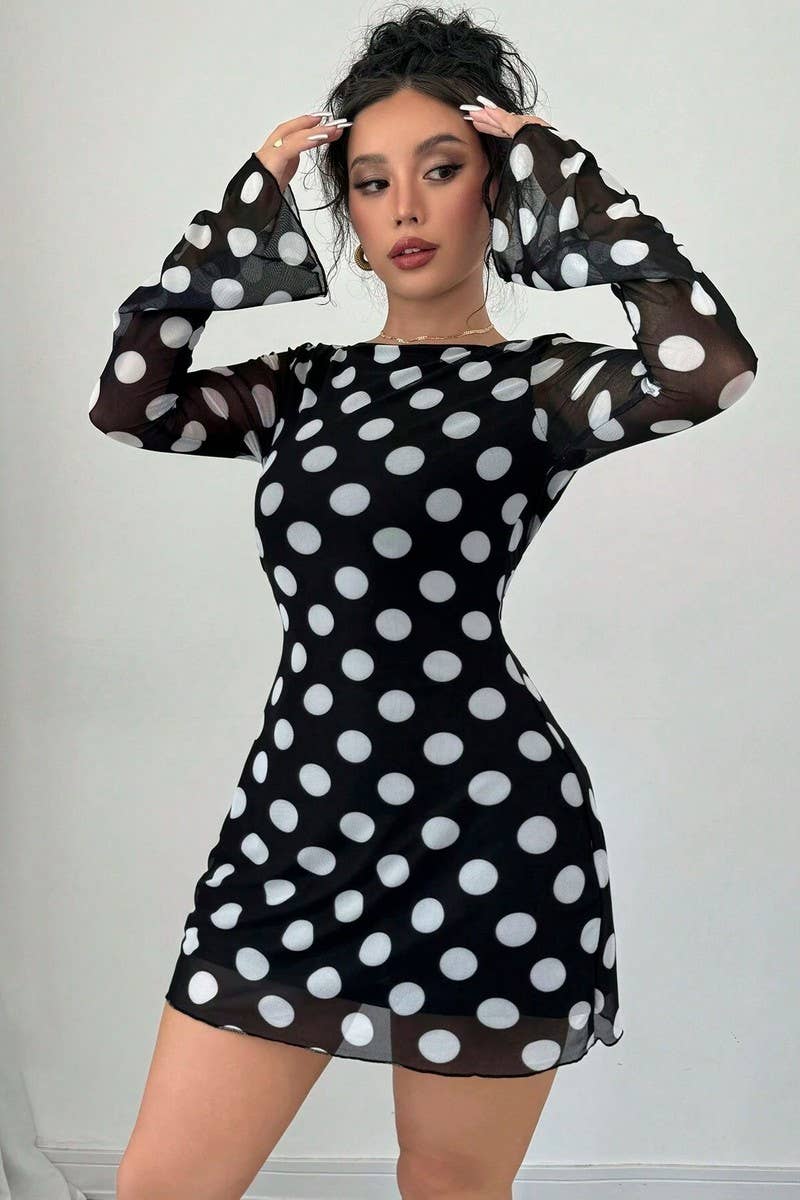 CWDSD8265_POLKA DOT OPEN BACK MESH BELL SLEEVE MINI DRESS