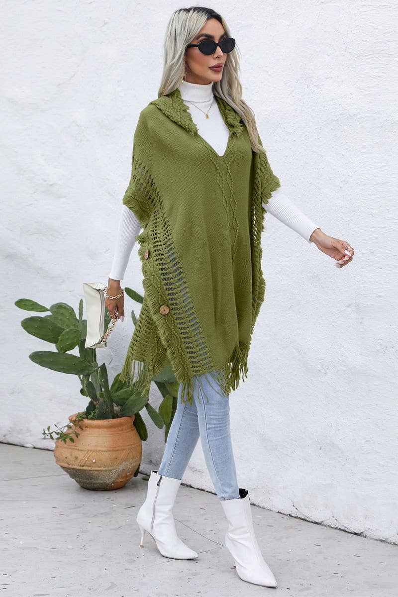 CWOSWL6438_V-NECK FRINGED HOODED MID-LENGTH CAPE KNITTED TOP