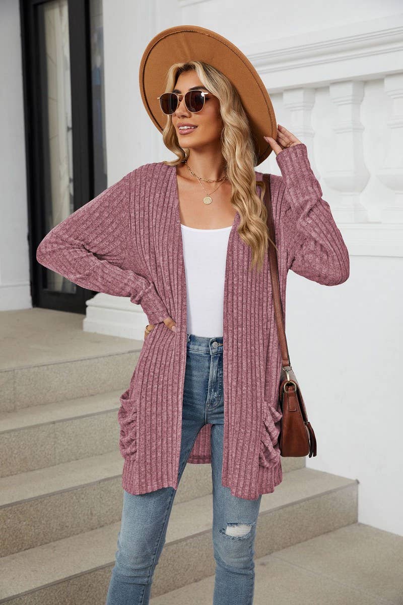 CWOCAL1881_SOLID COLOR POCKET LONG SLEEVE KNIT CARDIGAN
