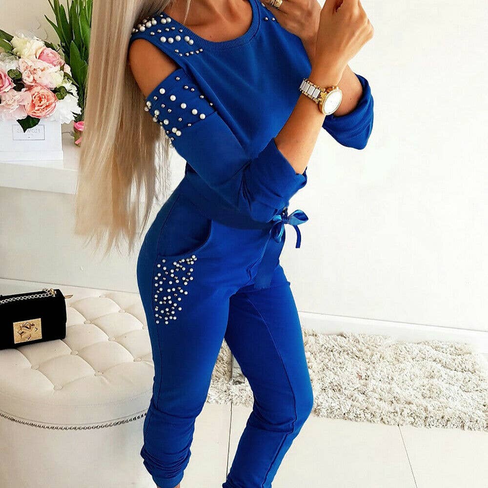 SEXY BEADED SOLID COLOR ROUND NECK SUIT