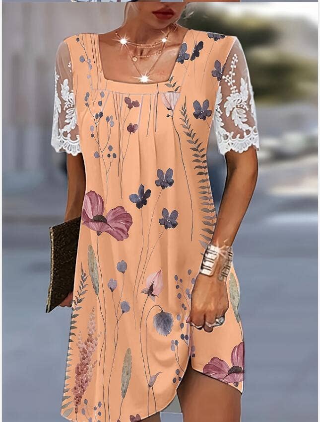 Square collar lace patchwork floral loose dress