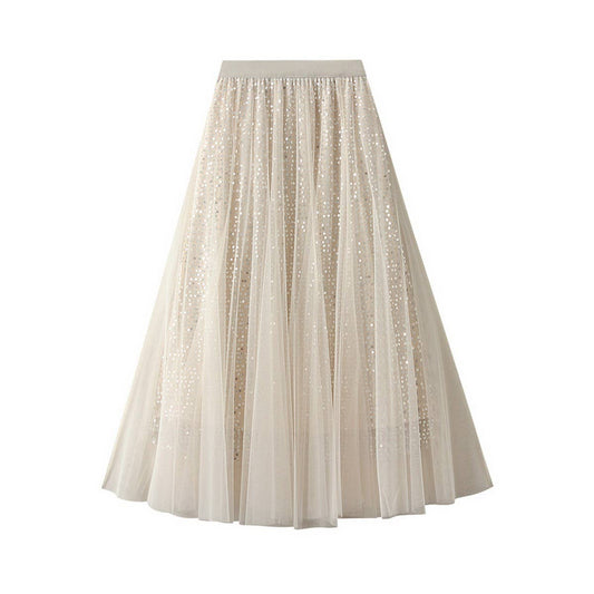 Sequin Tulle A-Line Maxi Skirt with Flowing Drape