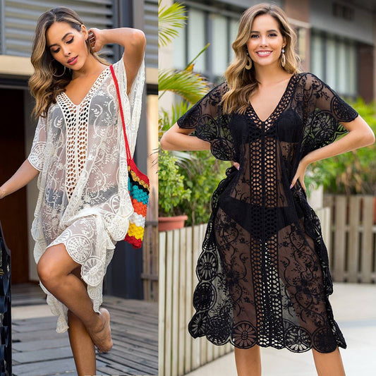 SEXY HOLLOW V-NECK LACE SWIMSUIT COVER-UP