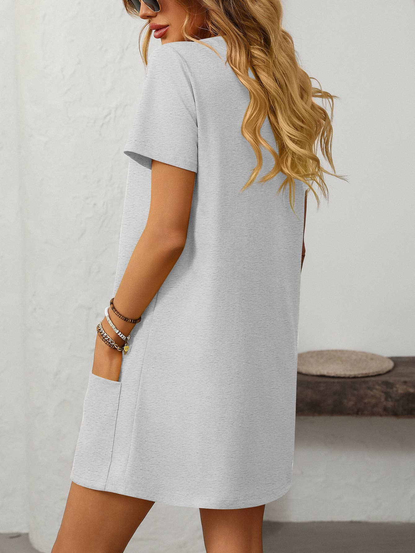 Square-neck short-sleeved casual pockets dress