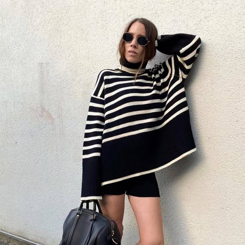 SLOUCHY STRIPED SWEATER WITH THICK TURTLENECK