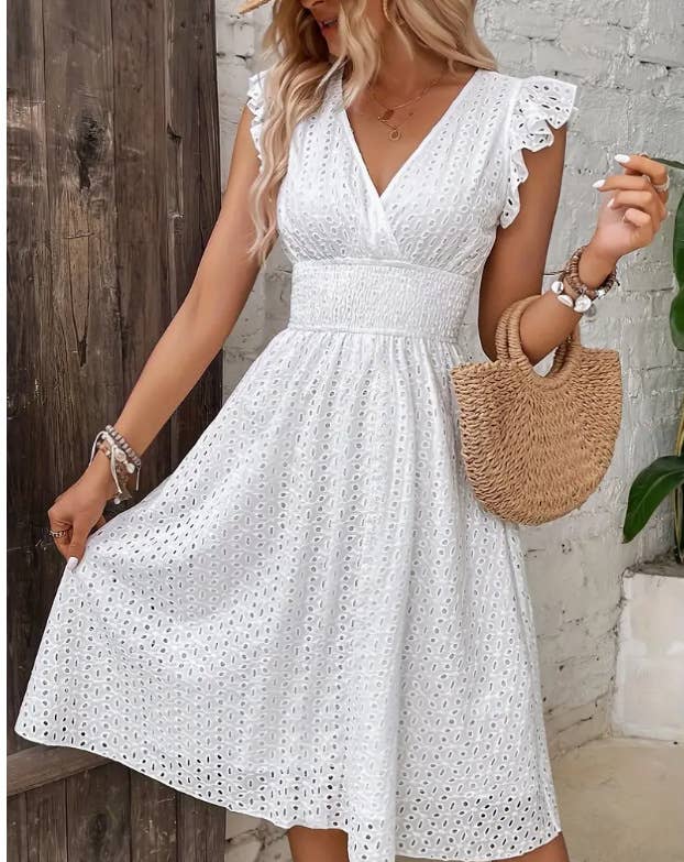 Solid color hollow leaf sleeve V-neck midi dress