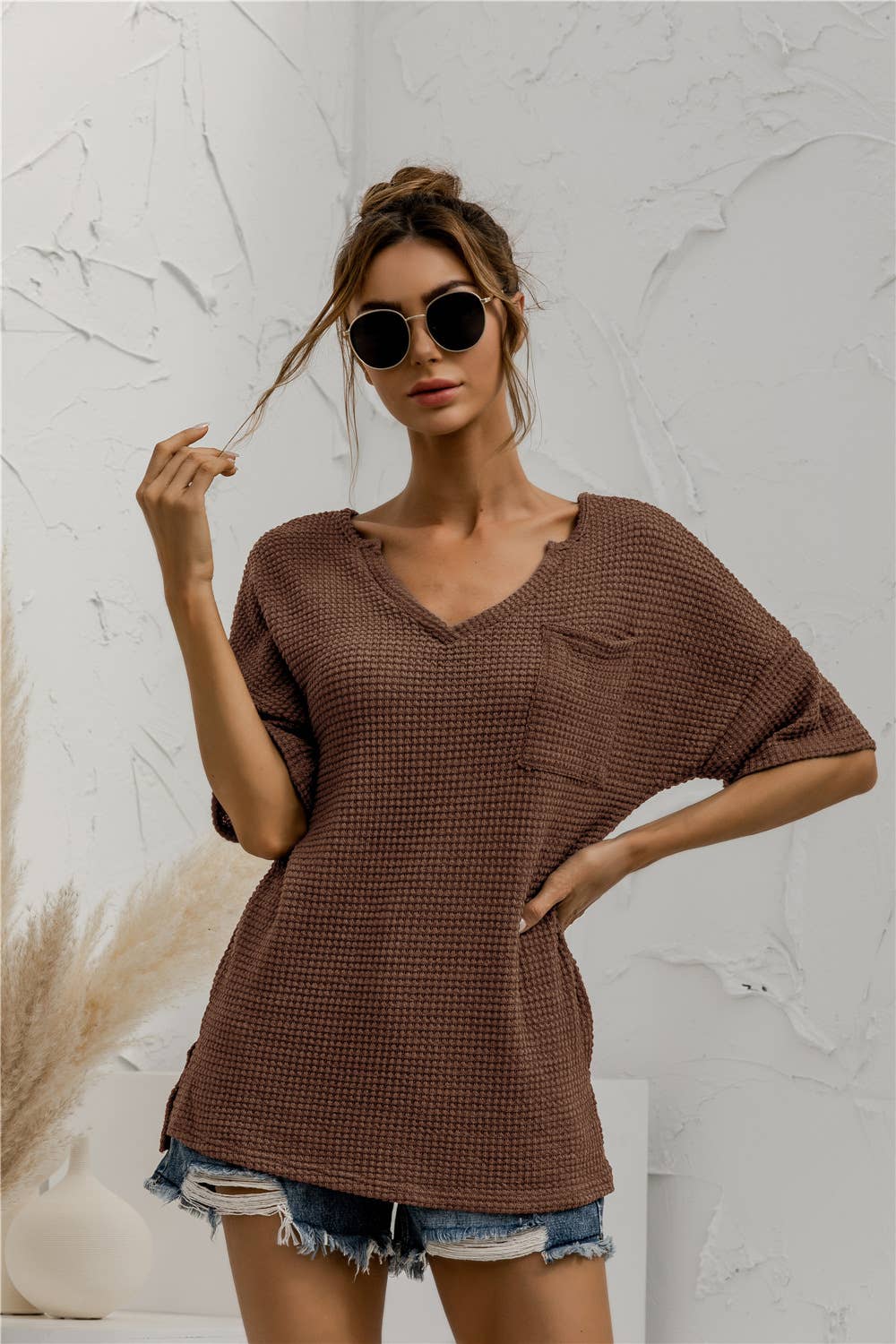 V-neck pocket slit solid-color knitted top