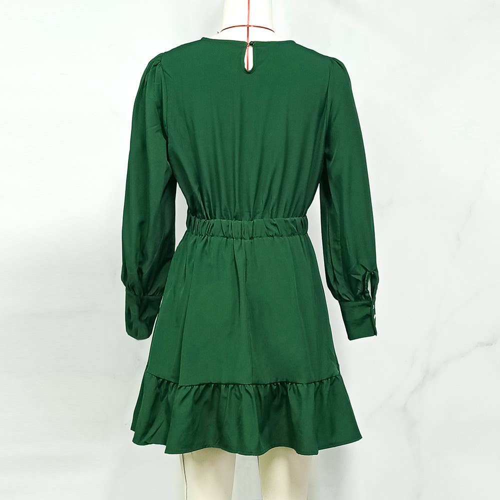 SOLID COLOR PINCHED WAIST LONG SLEEVE DRESS