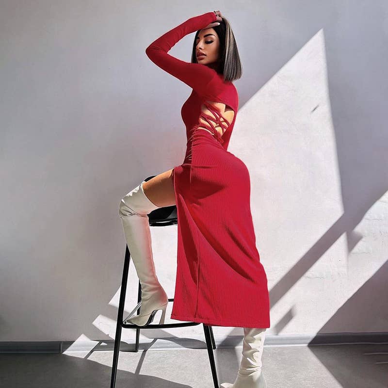 KNIT CREW NECK SPLIT LONG SLEEVE HALTER DRESS