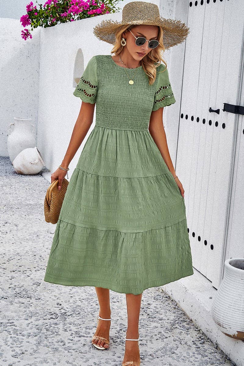 CWDMD6447_TEMPERAMENT SOLID COLOR SHORT SLEEVE HOLLOW DRESS