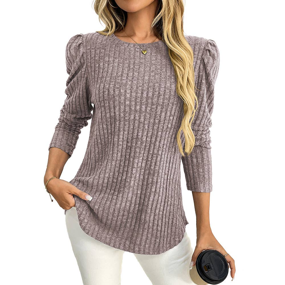 Round-neck puffed-sleeve brushed striped T-shirt