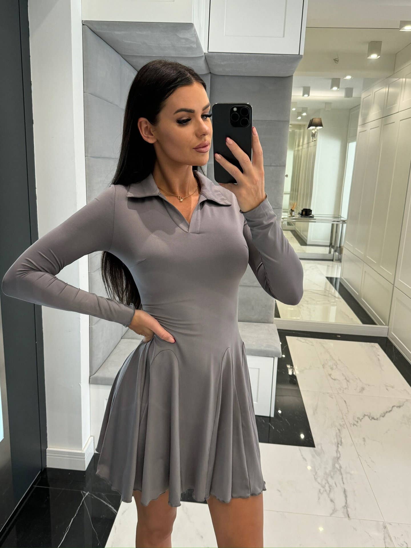 SOLID COLOR WAISTLINE LONG SLEEVE LAPEL DRESS