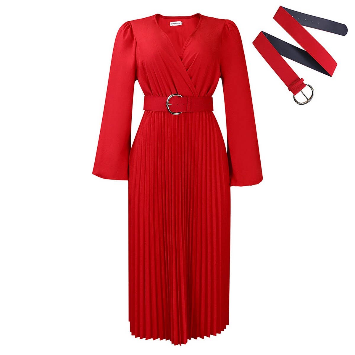 FASHION LONG SLEEVE V-NECK PLEATED MIDI DRESS_CWDMD3669