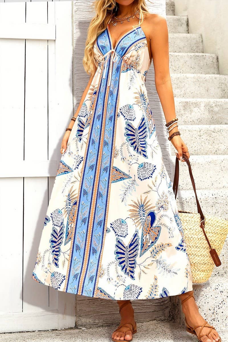 CWDMD6389_BOHO PRINT TASSEL BACK TIE STRAP MAXI DRESS