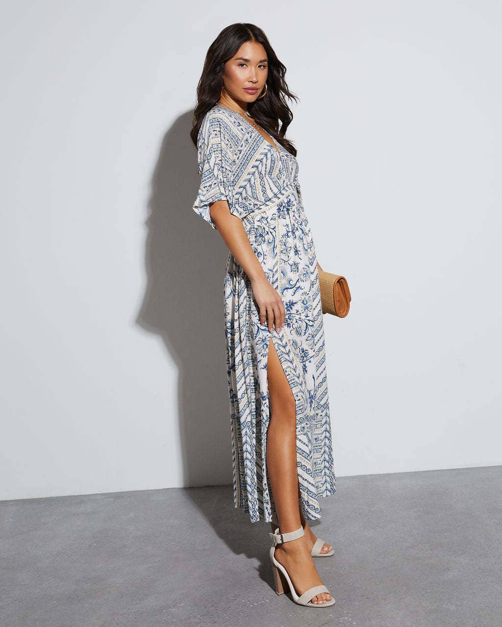 Printed short sleeve printed V-neck long  dress