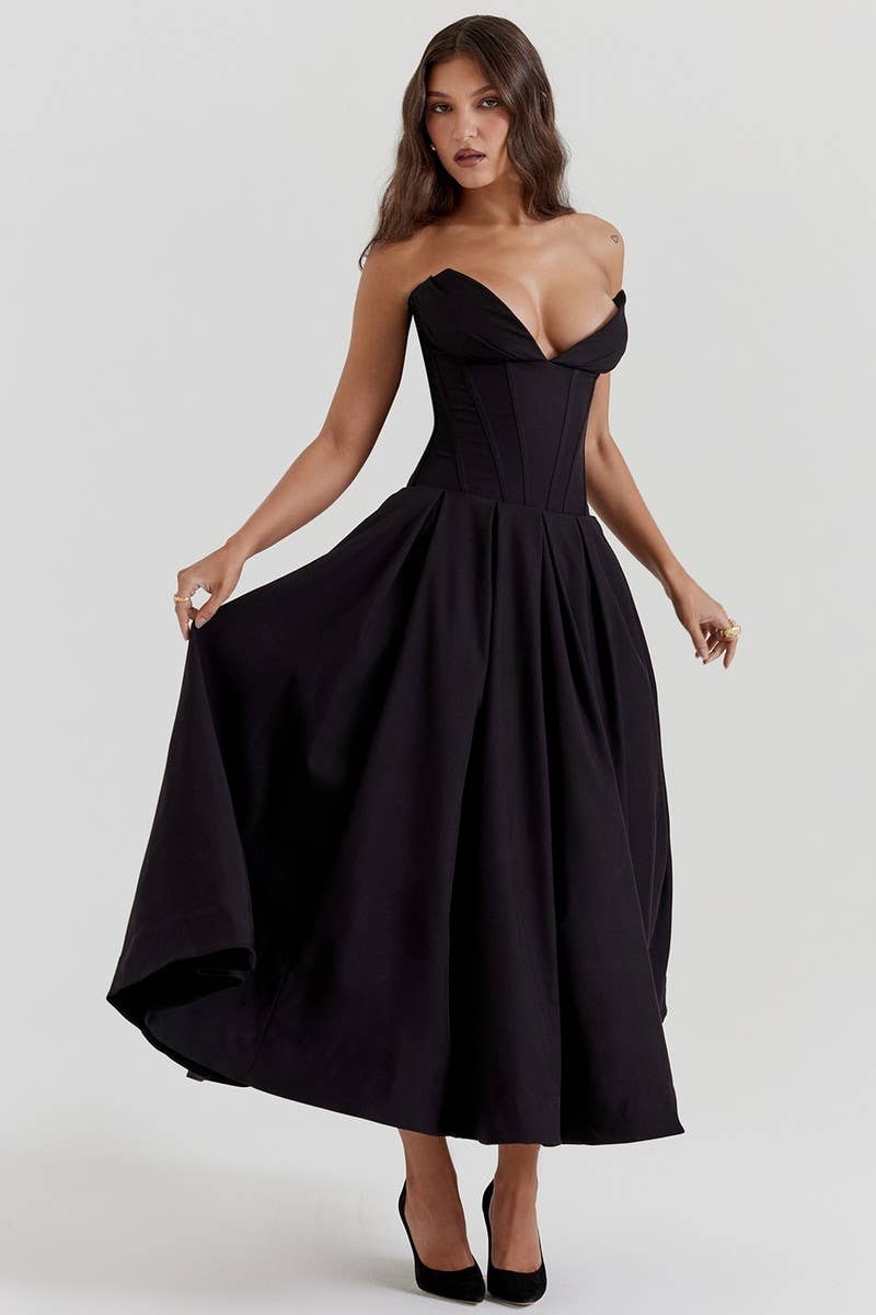 CWDTD0466_SLEEVELESS SOLID COLOR STRAPLESS MIDI DRESS