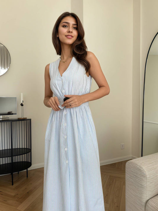 V-neck pleated cinched waist striped dress