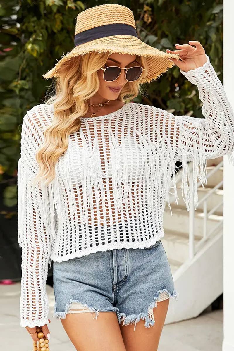 CWTBLS1757_FRINGED HOLLOW SOLID COLOR BIKINI BEACH COVER-UP