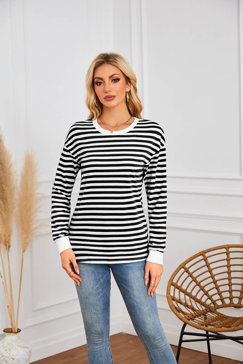 STRIPED CREW-NECK LONG-SLEEVED PULLOVER HOODIE