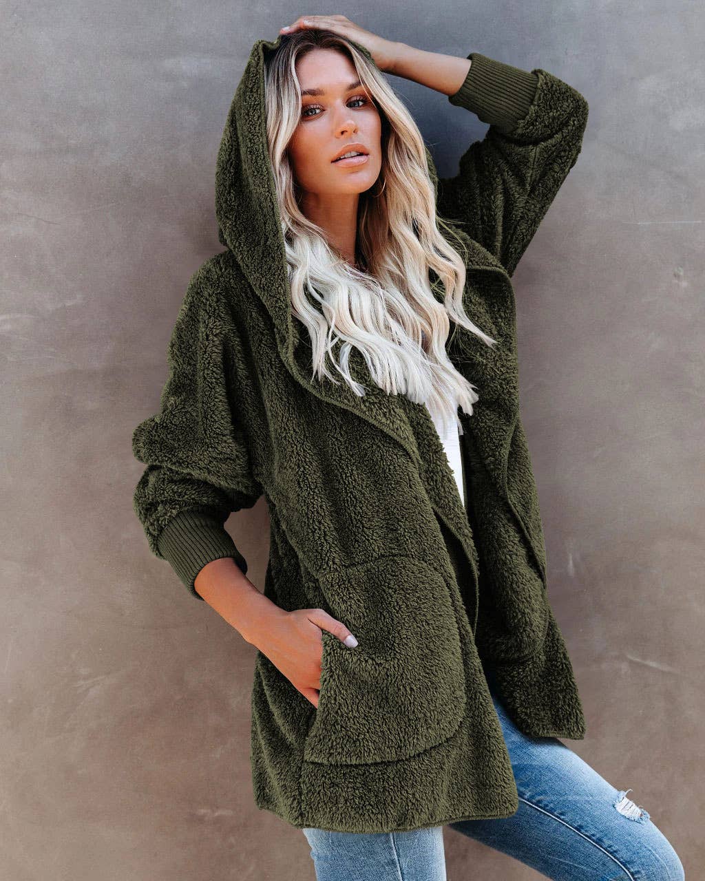 LONG SLEEVE CASUAL HOODED SOLID COLOR CARDIGAN