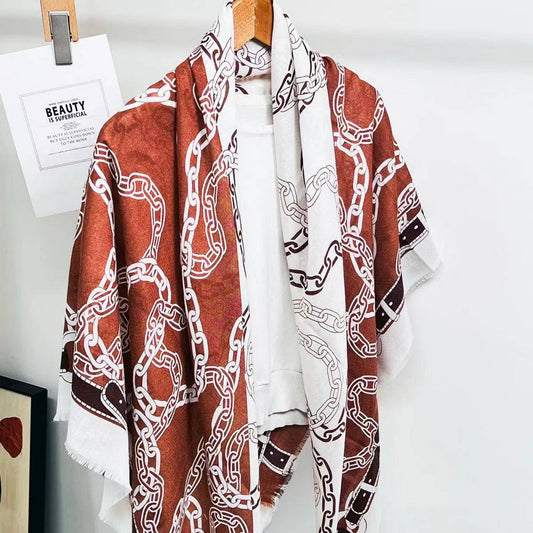 Chain Print Silk Wool Scarf ??Luxury Travel Shawl_CWASC0895