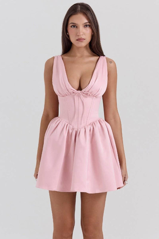 CWDMD6317_FRENCH DEEP V NECK SHORT SEXY MINI DRESS
