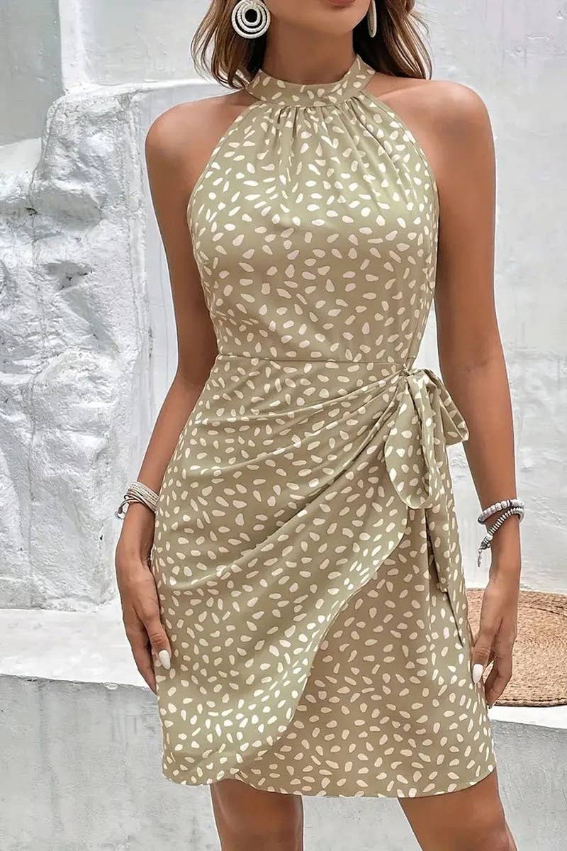 CWDSD10612_FASHIONABLE HALTERNECK FLORAL PLEATED SHORT DRESS