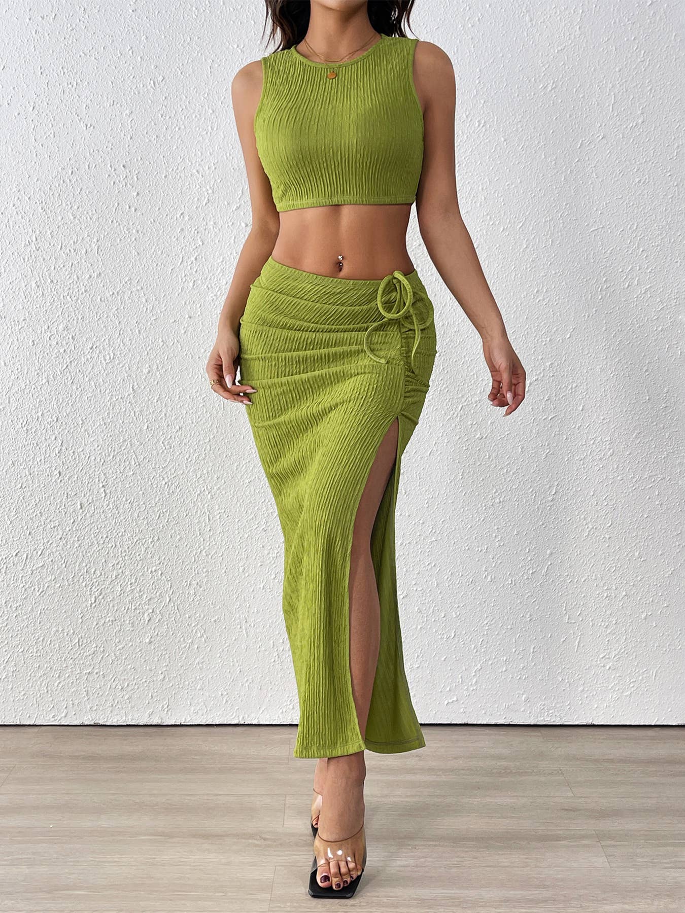 Pleated texture split vest skirt two-piece set