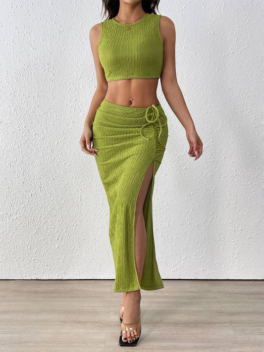 Pleated texture split vest skirt two-piece set