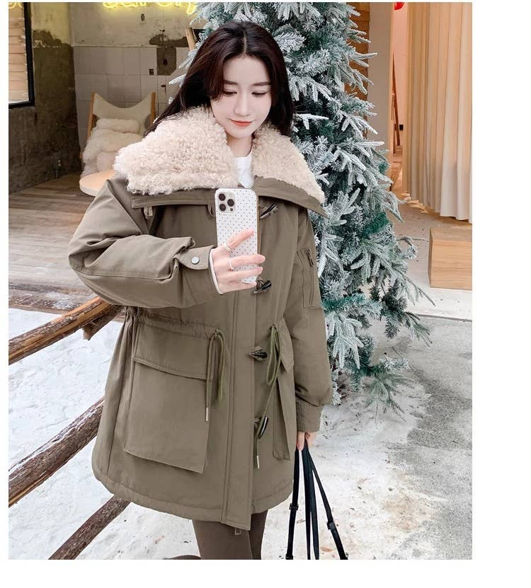 Large lapel horn buckle waist cottons jacket