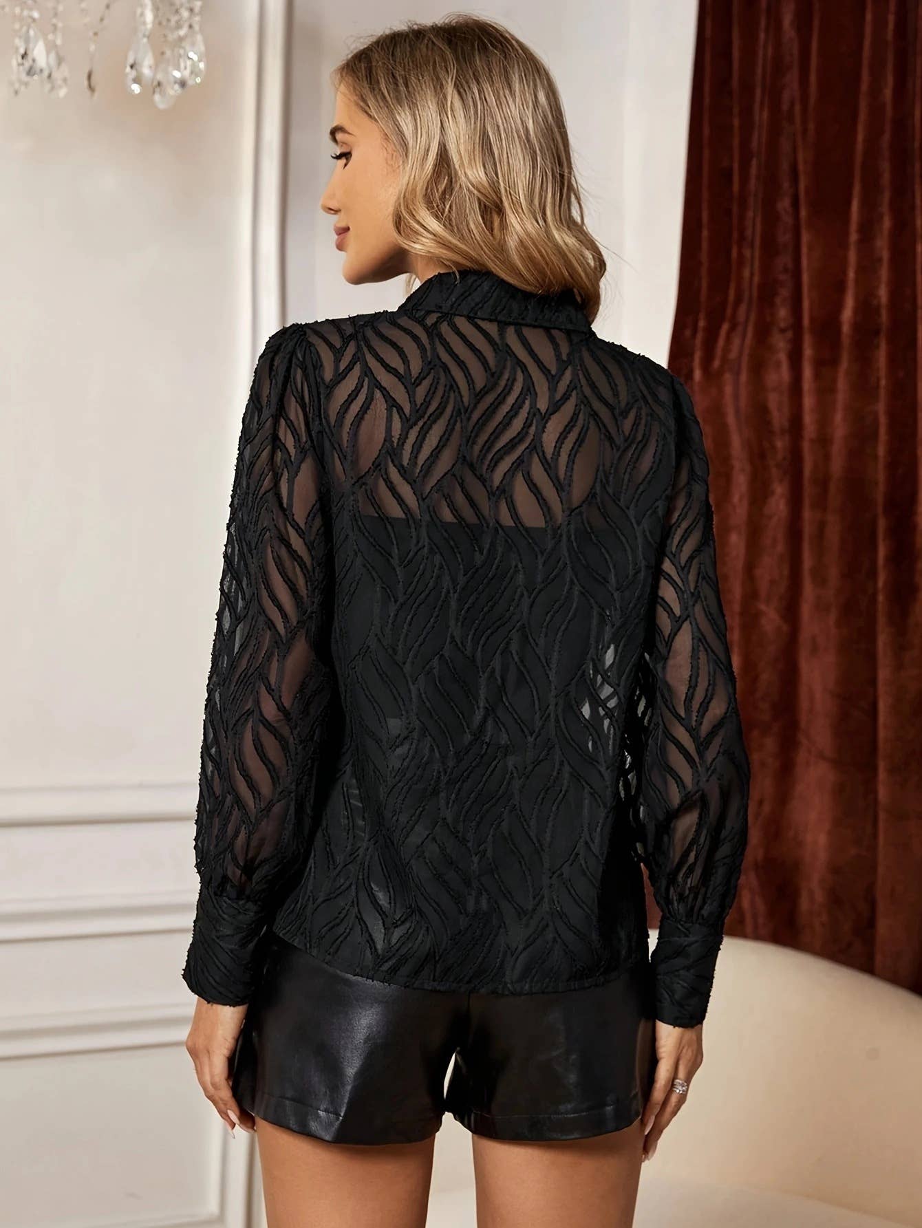 LACE CUTOUT LONG-SLEEVED BLOUSE FOR WOMEN