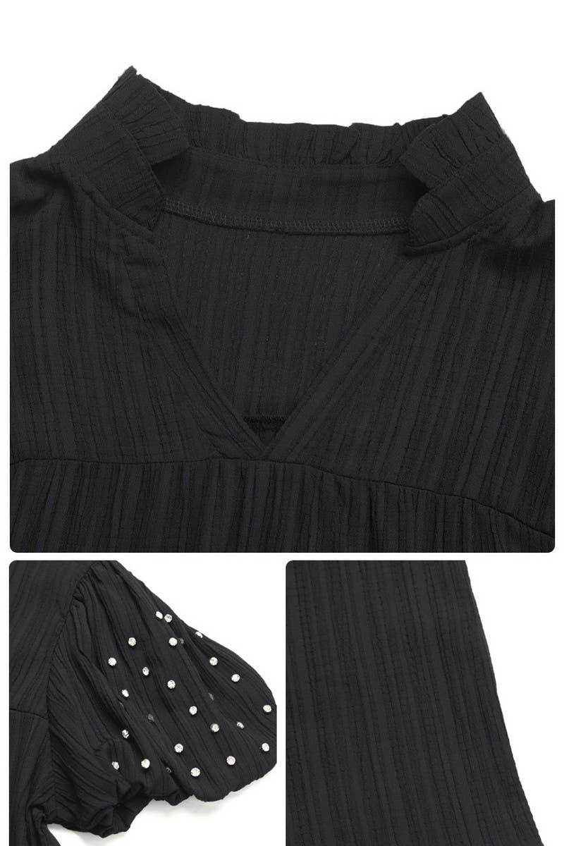 CWDSD7826_BLACK BEADED LANTERN SLEEVE LOOSE SHIFT DRESS