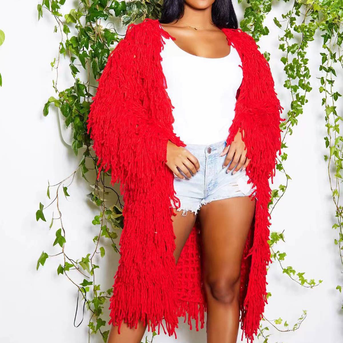 WOMEN FASHION HOLLOWED OUT TASSEL CARDIGAN