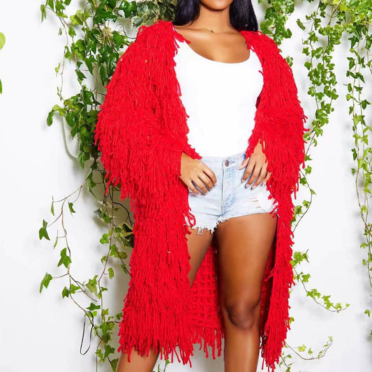 WOMEN FASHION HOLLOWED OUT TASSEL CARDIGAN