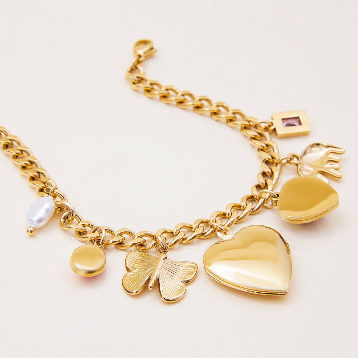 Romantic Pearl & Ceramic Heart Photo Bracelet