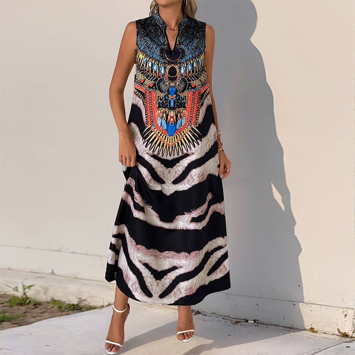 Sleeveless V-neck vintage animal print maxi dress
