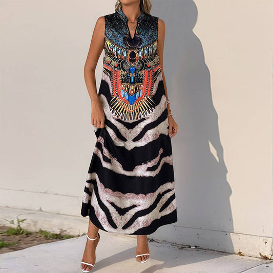 Sleeveless V-neck vintage animal print maxi dress