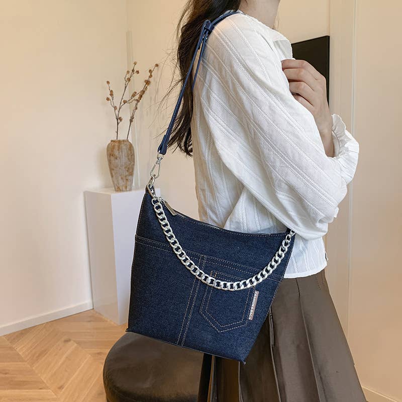 Retro patchwork denim large-capacity bag