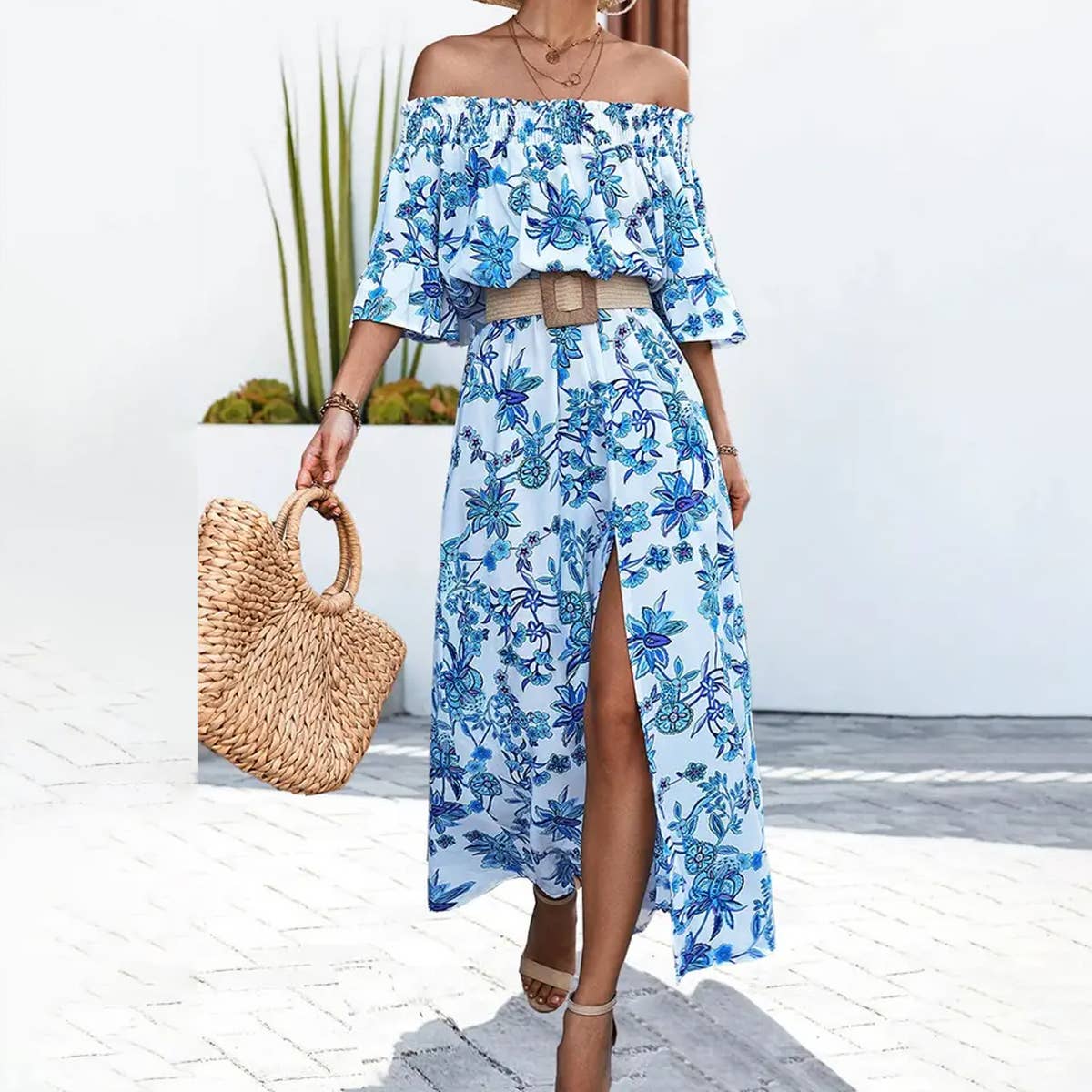 STRAPLESS SPLIT WITH FLORAL DRESS_CWDMD1214