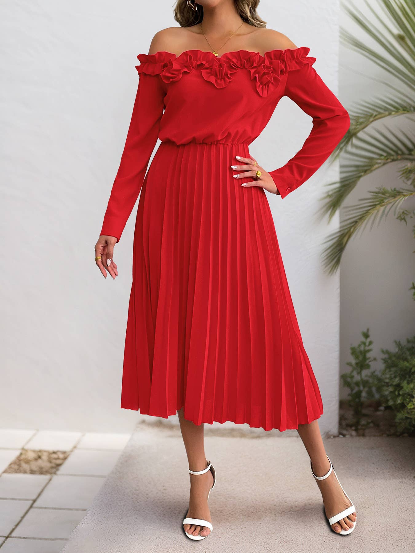 One-shoulder long-sleeved cinched waist dress