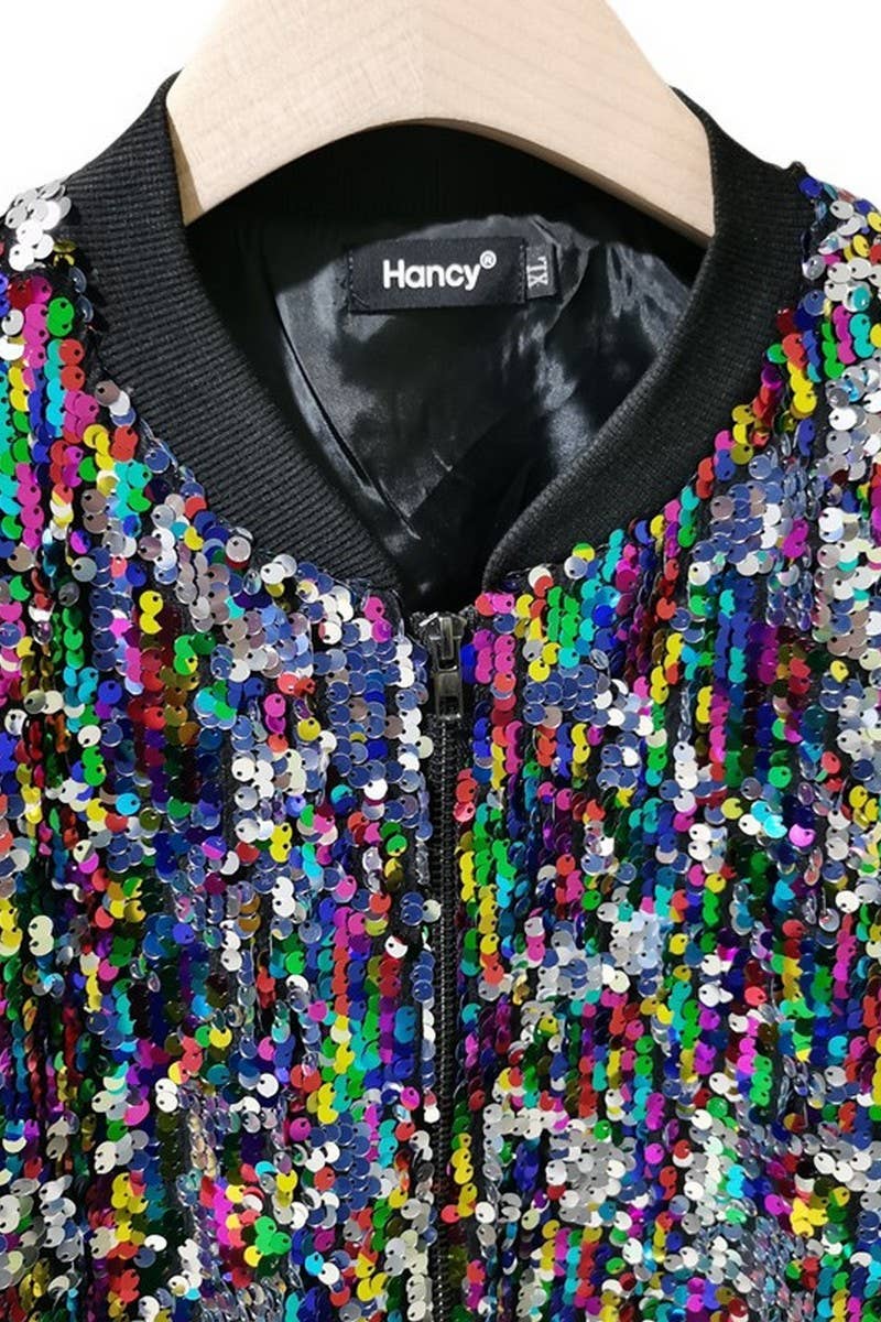 CWOCO1132_COLORFUL SEQUIN ZIPPER BASEBALL JACKET