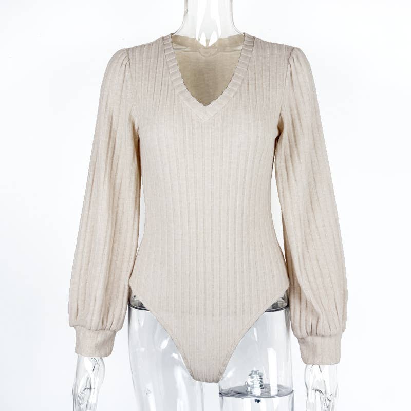 Lantern sleeve long sleeve V knit bodysuit