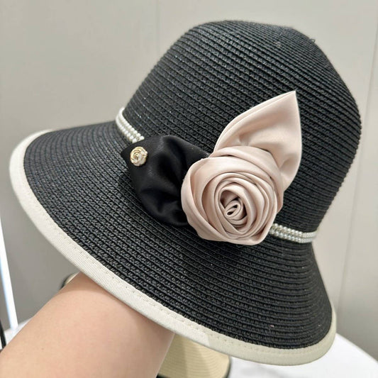 Vintage Elegant Pearl Camellia Straw Hat_CWAH3593