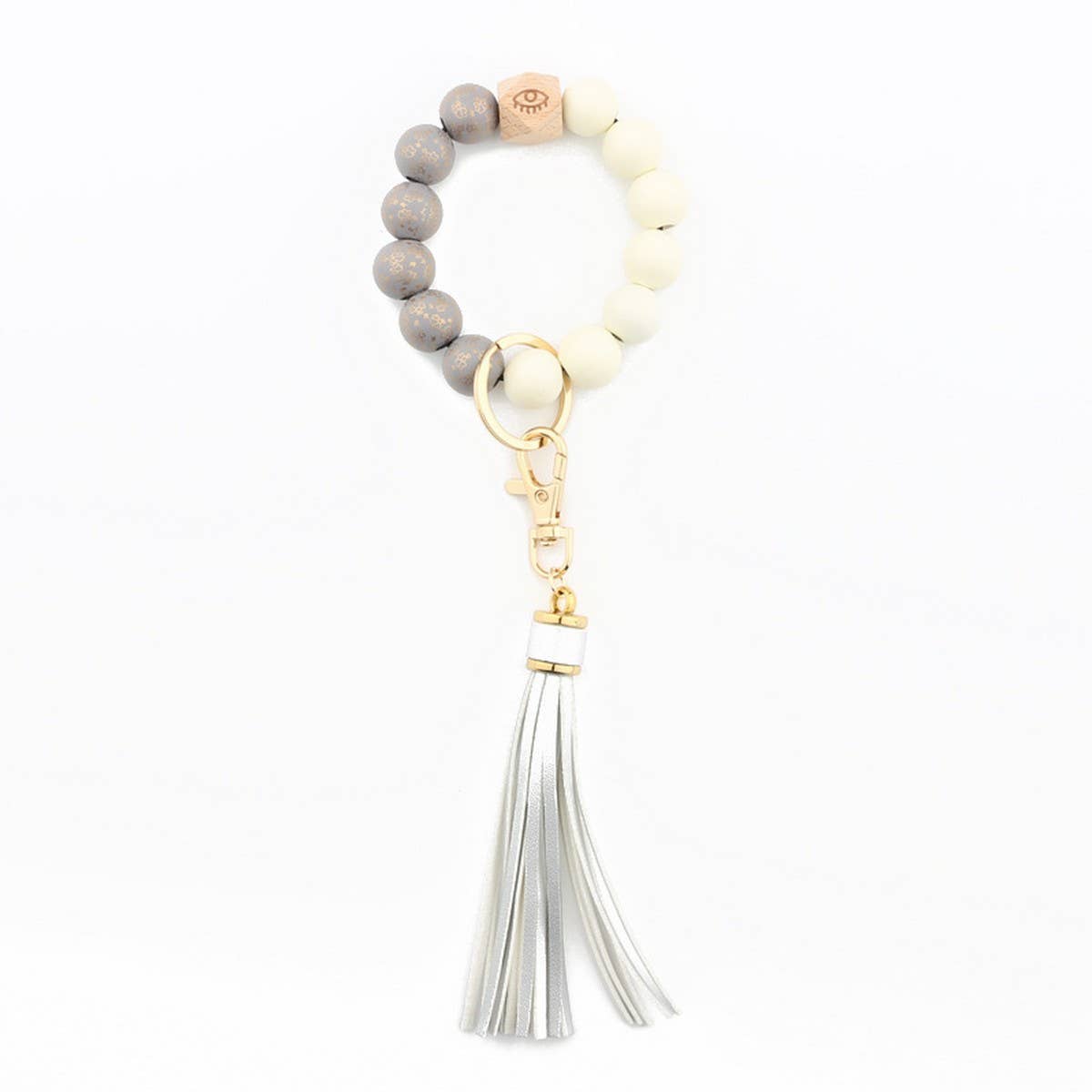 Leopard Wood Bead Bracelet Keychain with Tassel